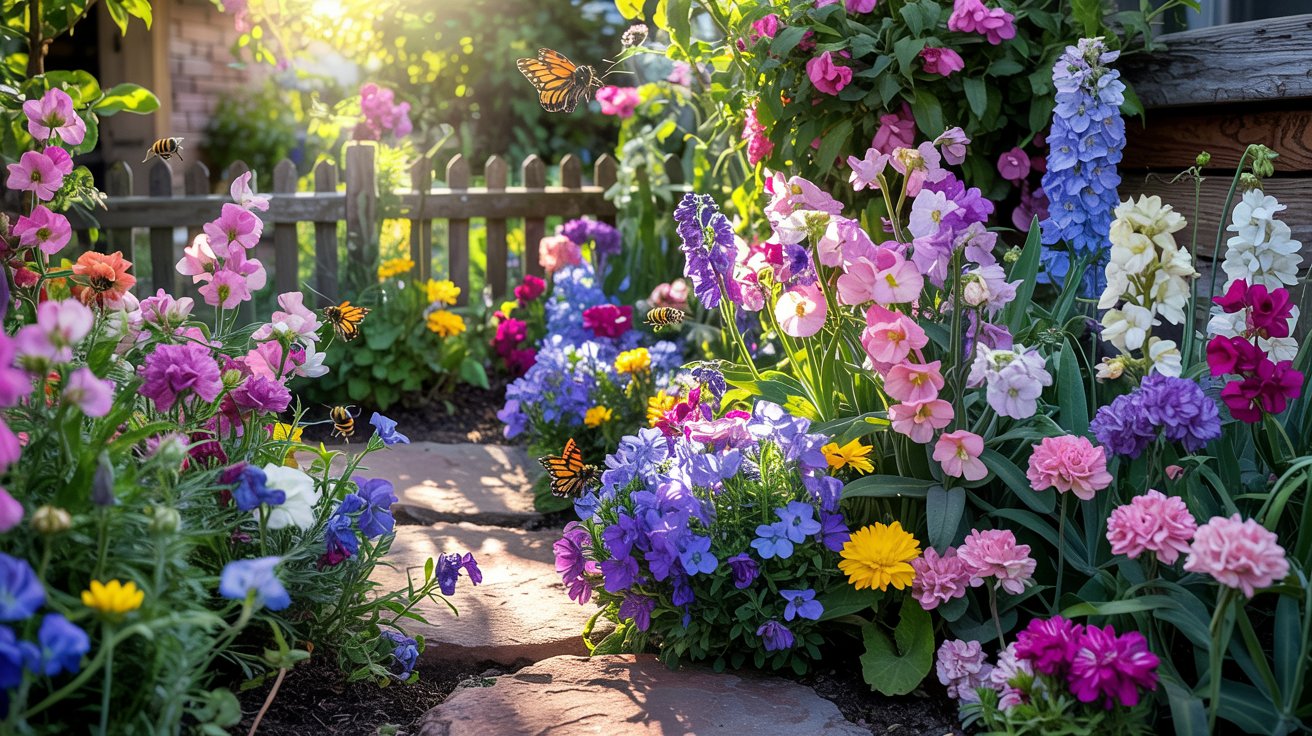 Hardy annual flowers such as Sweet Peas, Alyssum, Bachelor's Buttons and Delphinium along garden path
