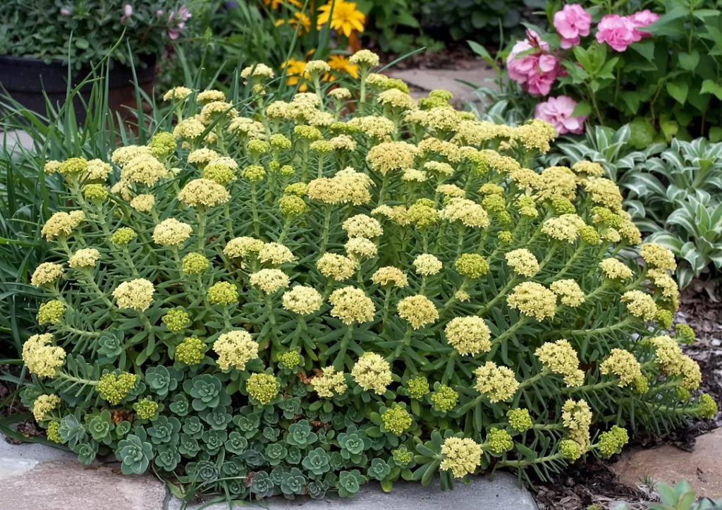 Sedum with pale yellow-green flower clusters.