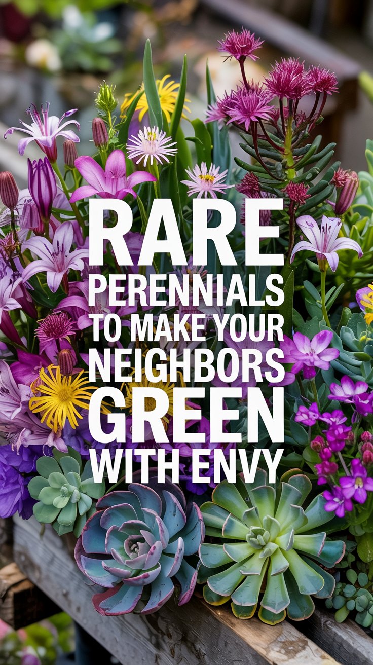 A collage of unique perennials such as toad lilies, ice plant, sedum and fushia. Centered in the image is a bold white text overlay that reads "Rare Perennials to Make Your Neighbors Green with Envy"