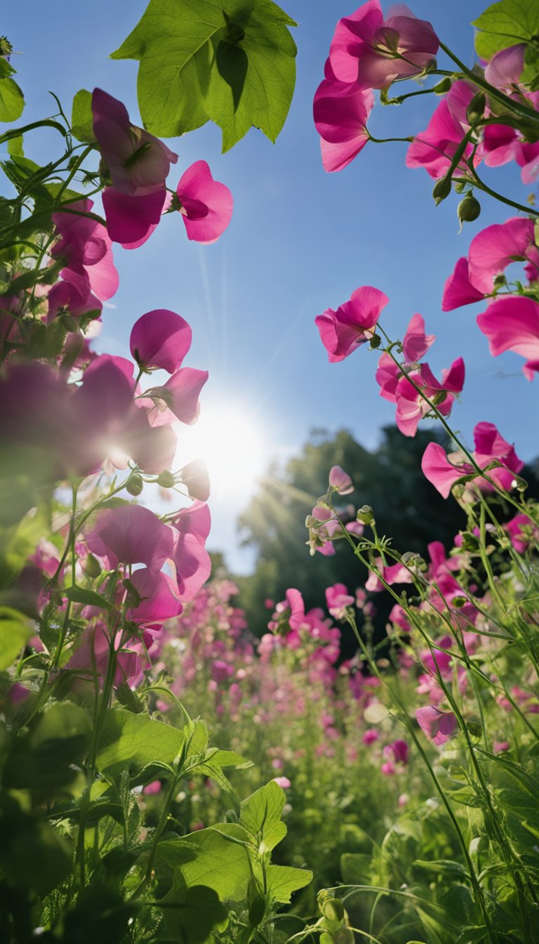 A vibrant garden filled with sweet pea flowers in full bloom, with lush green foliage and delicate tendrils reaching towards the sun