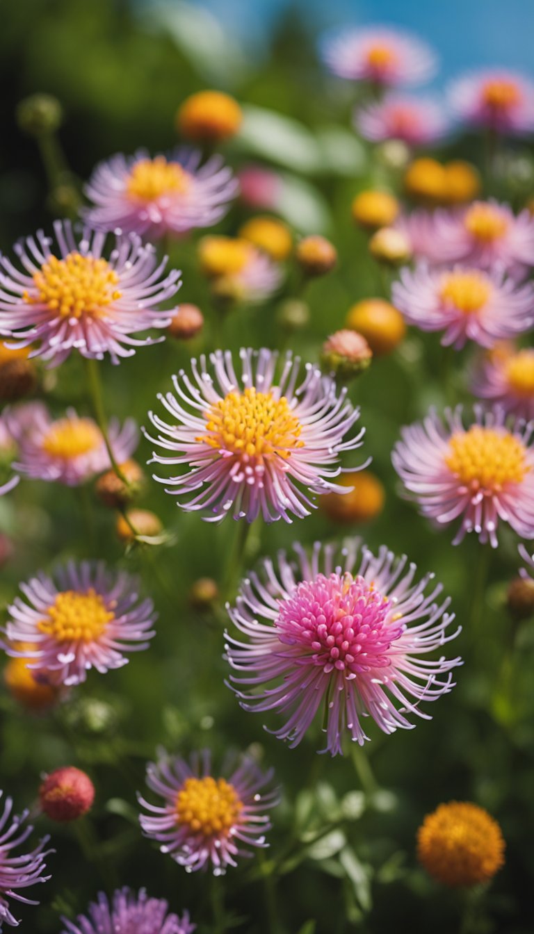 A cluster of pincushion flowers bloom in a garden, their delicate petals and vibrant colors adding a pop of beauty to the landscape
