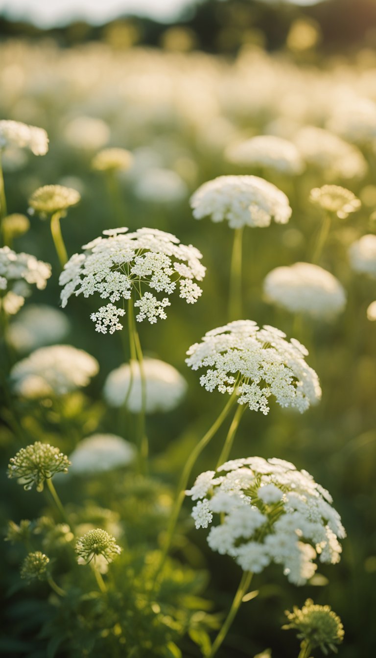 A field of Queen Anne's Lace blooms in the golden light of late afternoon, their delicate white flowers swaying gently in the breeze