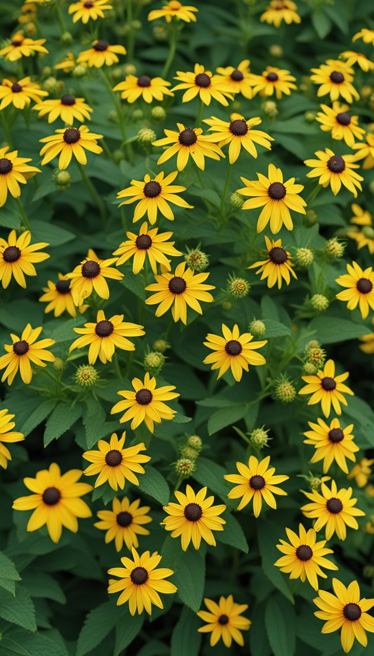A cluster of 'Rustic Dwarf' Rudbeckia hirta flowers in full bloom, surrounded by lush green foliage and bathed in warm sunlight