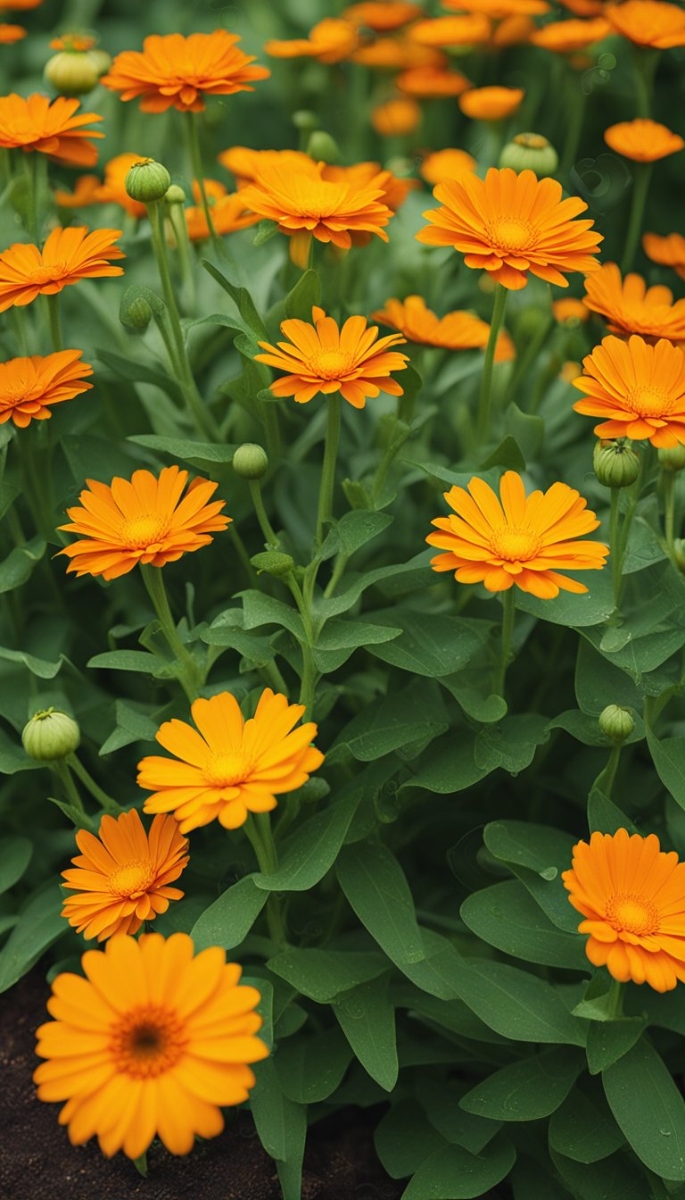 Vibrant calendula flowers bloom in a lush garden, their bright orange and yellow petals standing out against the green foliage
