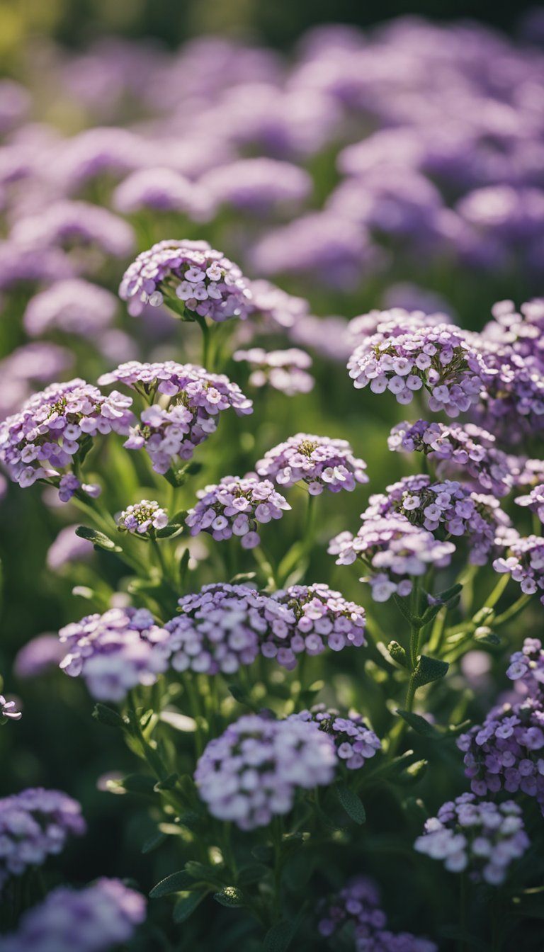A field of vibrant Alyssum flowers in full bloom, with delicate white and purple petals swaying in the gentle breeze