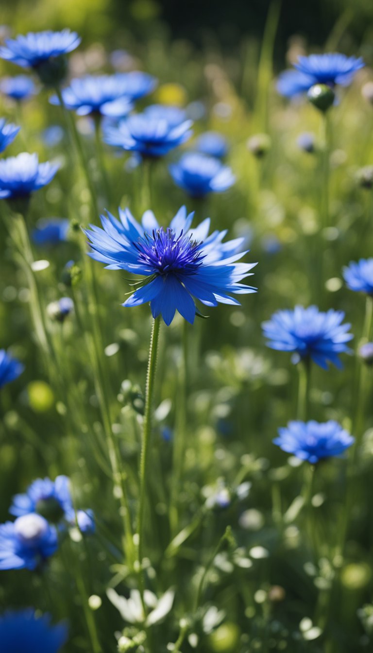 Bright blue Bachelor's Buttons bloom in a garden, surrounded by green foliage and bathed in warm sunlight