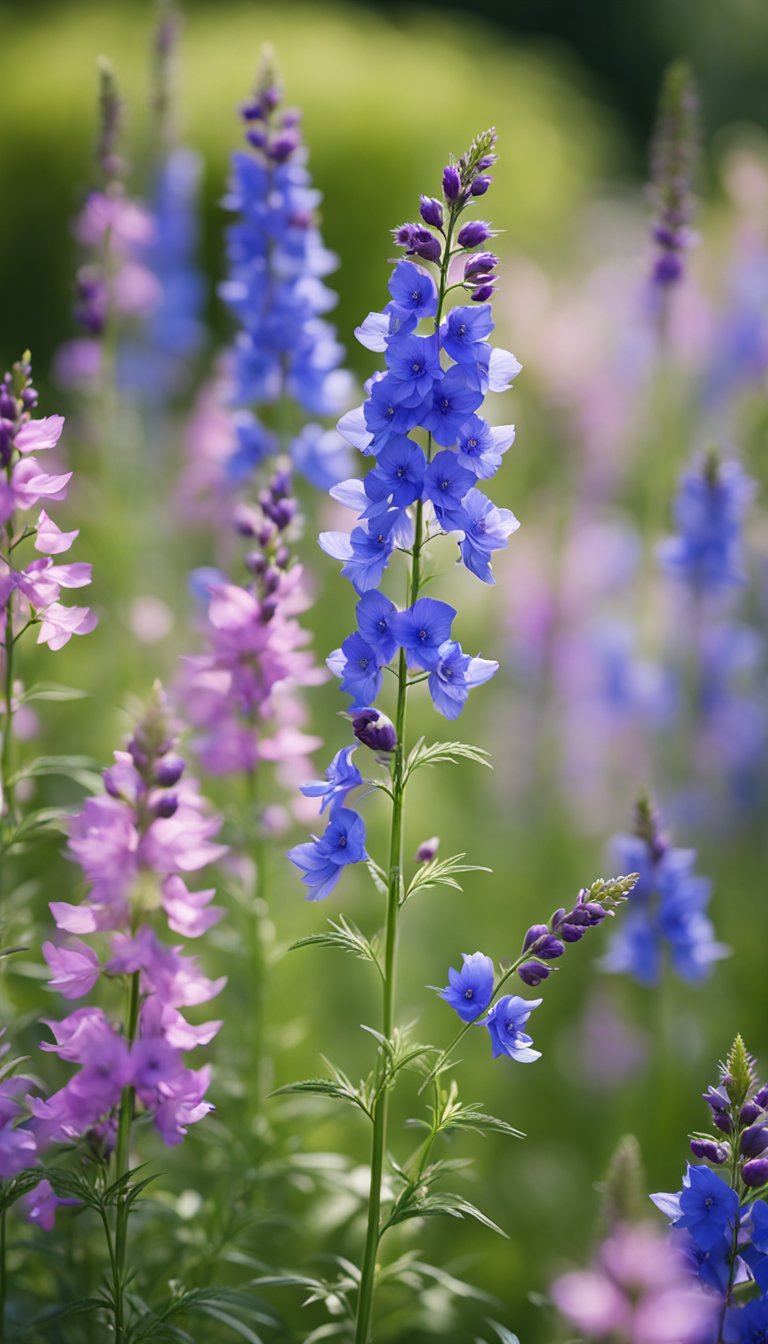A garden of vibrant larkspur flowers swaying in the breeze, with tall green stems and delicate purple, blue, and pink blossoms
