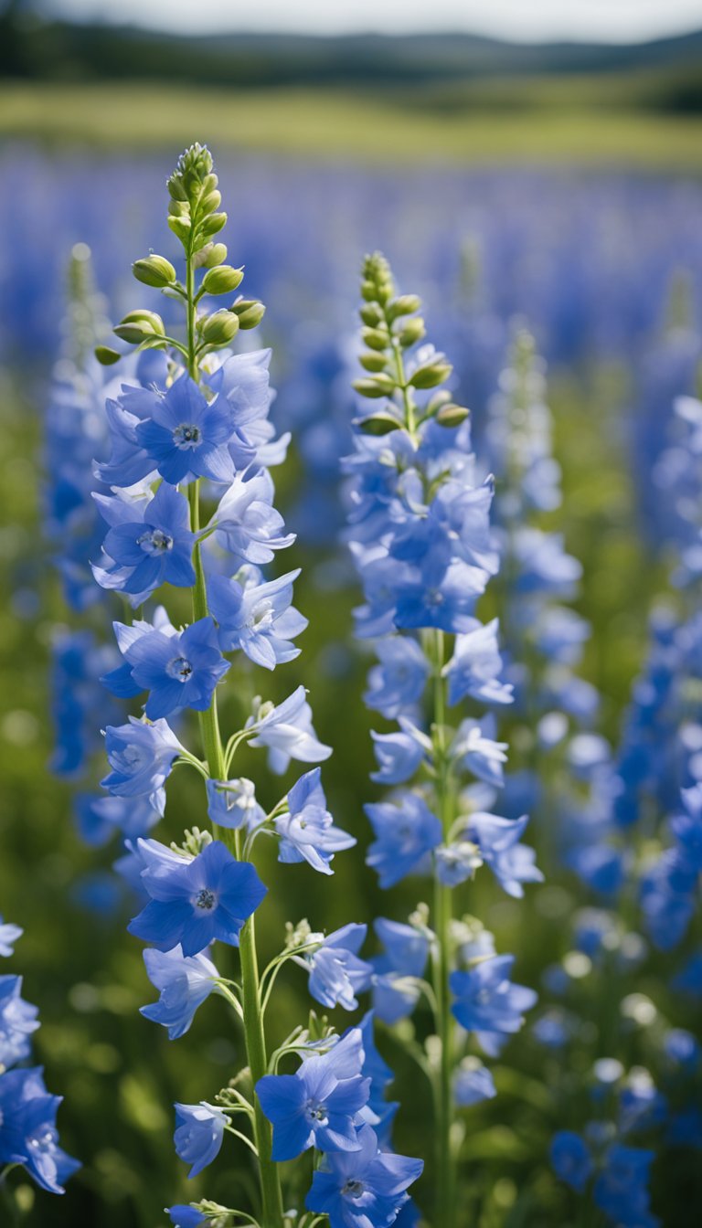 A field of vibrant delphinium flowers in full bloom, swaying gently in the breeze under the bright sun