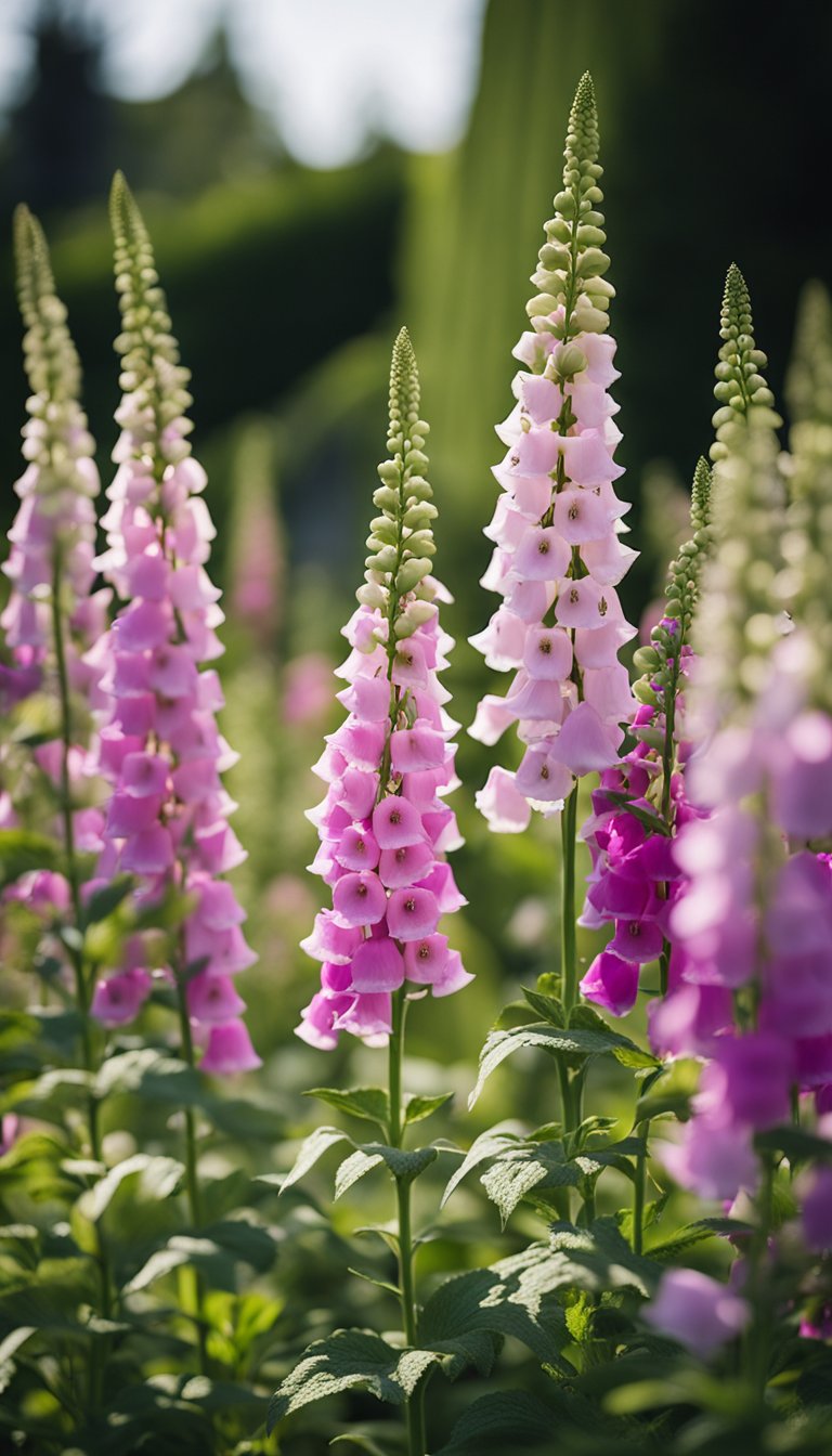 A lush garden bed filled with vibrant foxgloves in various shades of pink, purple, and white, their tall spires swaying gently in the breeze