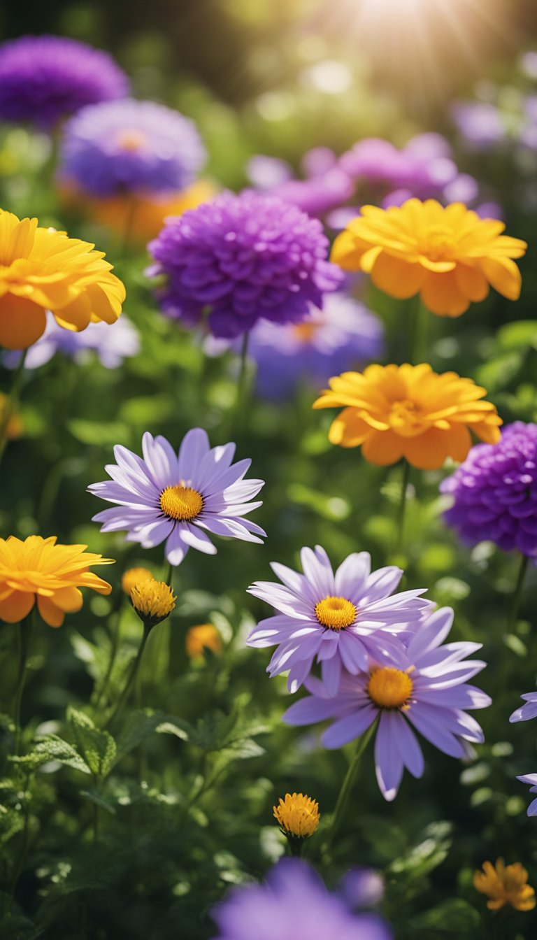 Vibrant hardy annual flowers bloom in a sun-drenched garden, surrounded by lush green foliage and delicate petals in various shades