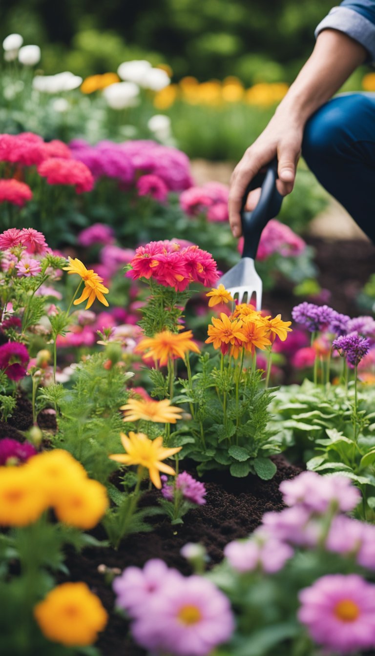 A gardener planting and tending to a colorful array of annual flowers in a well-maintained garden bed