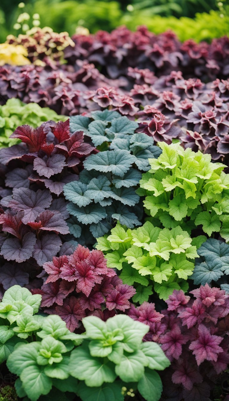 A garden bed with 7 different Heuchera varieties in full bloom, showcasing their unique colors, textures, and shapes