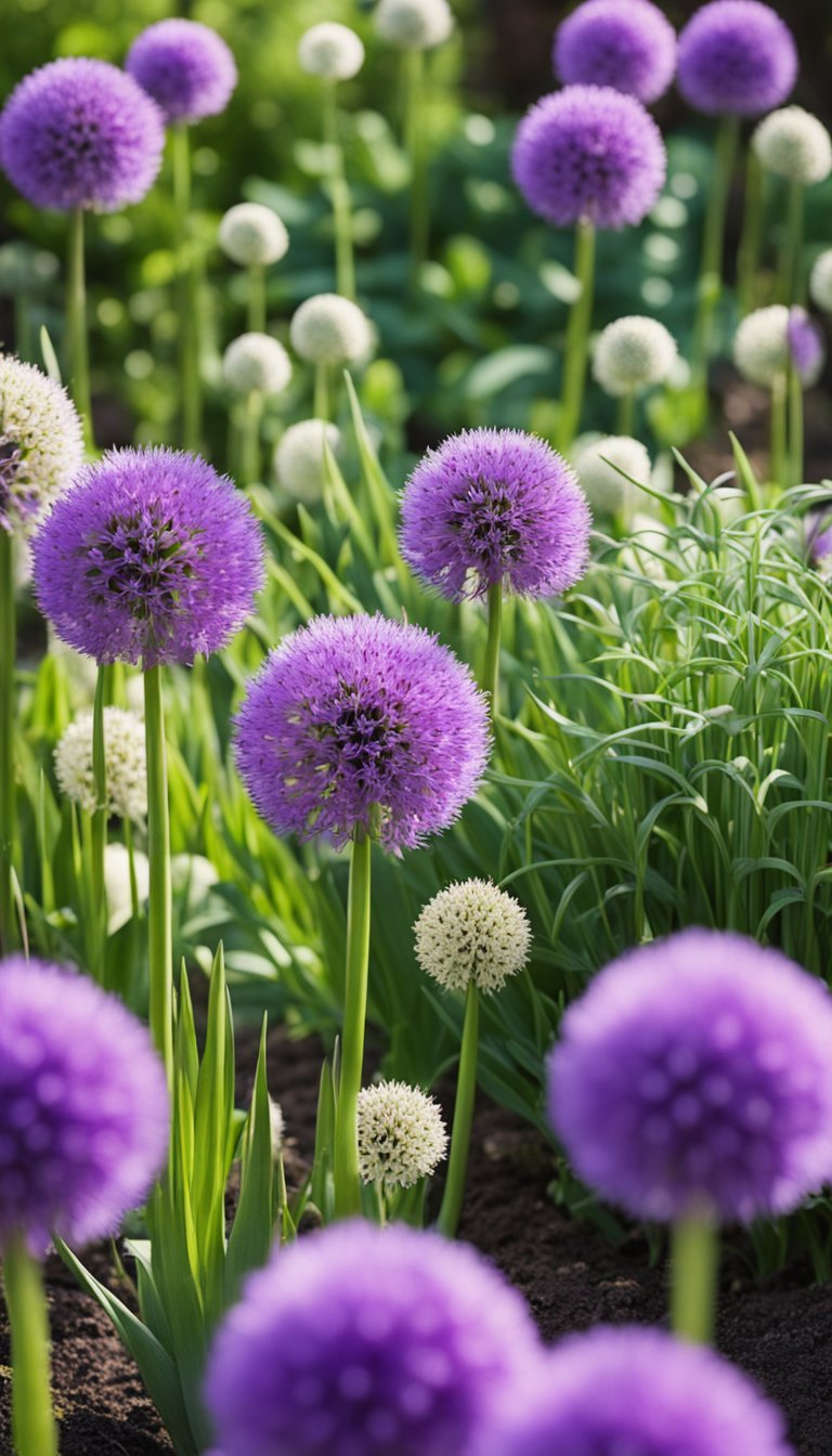 A garden bed with seven different varieties of blooming Allium plants, each displaying unique colors and shapes