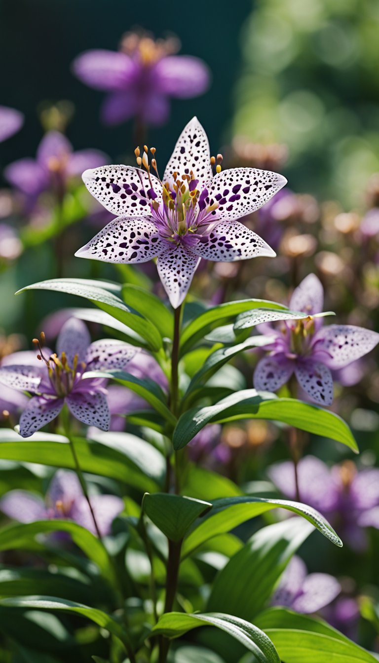 A Samurai Toad Lily blooms among 14 other unique perennial varieties in a lush garden setting
