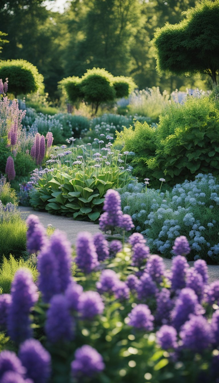 A garden with a variety of perennial plants, including the Longwood Blue Bluebeard, showcasing a range of unique colors and textures