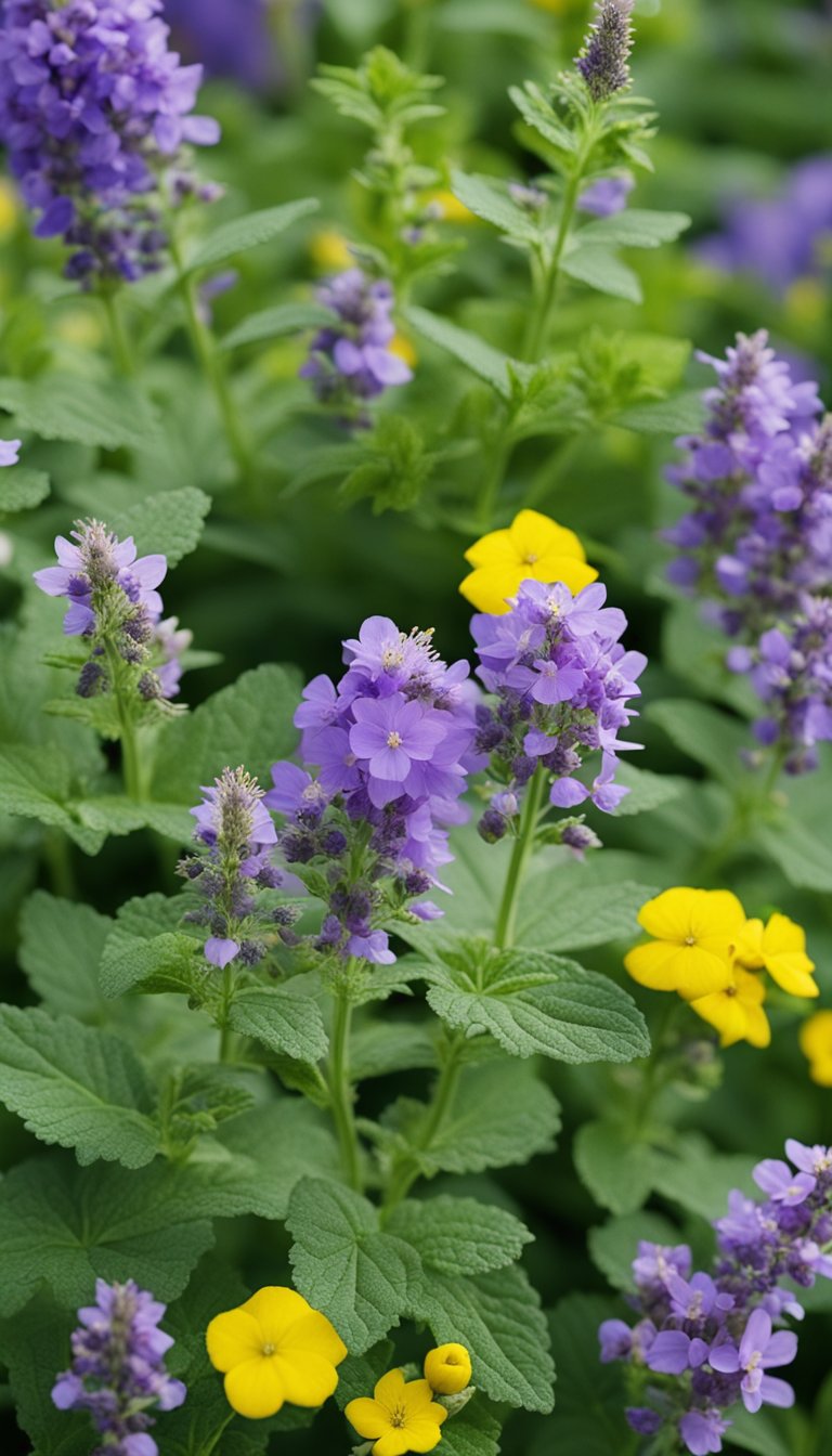 A garden filled with 15 different types of perennial Nepeta plants, each with unique and vibrant blossoms, creating a colorful and diverse display