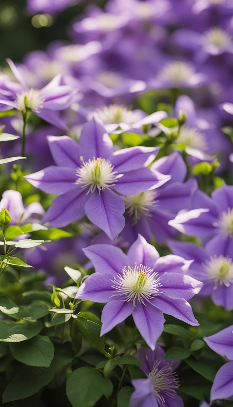 A garden filled with 15 unique Piilu Clematis varieties in full bloom, showcasing a range of vibrant colors and delicate petals