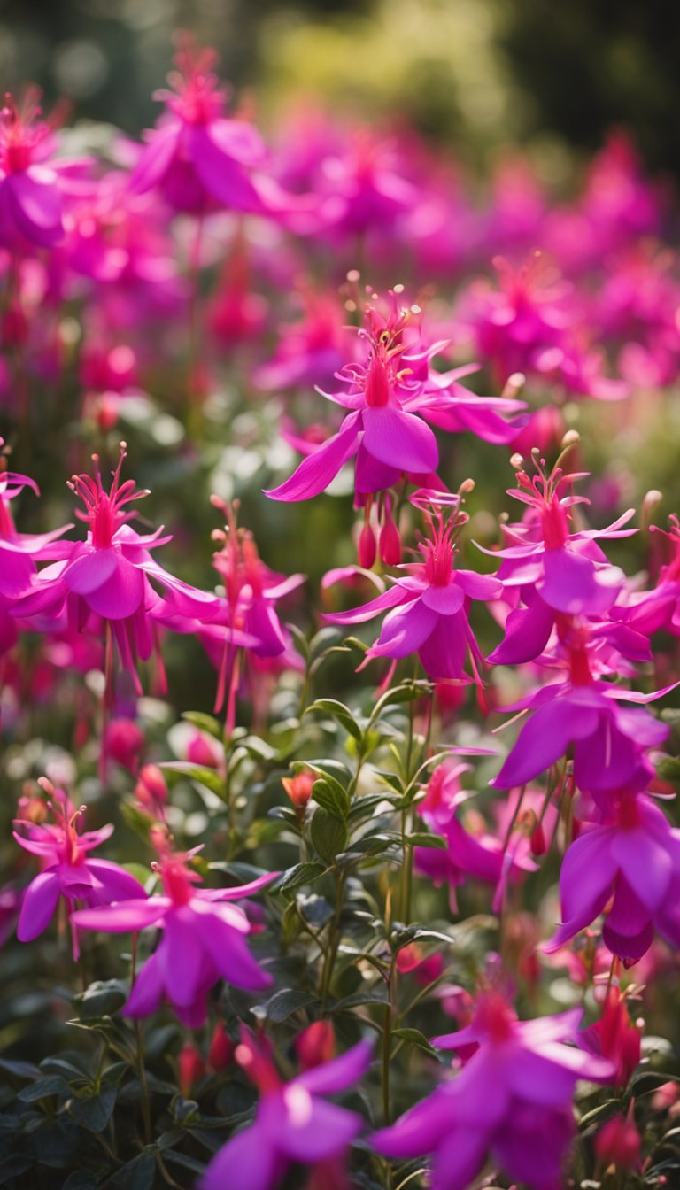 A vibrant garden showcasing 15 varieties of California Fuchsia in full bloom, with different colors and shapes creating a stunning display