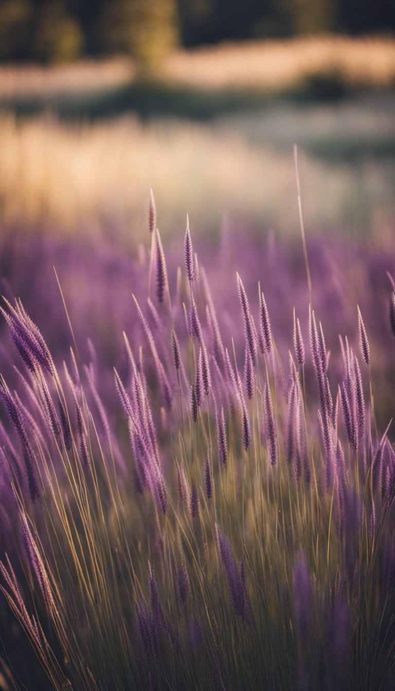 A field of purple needle grass in various shades and heights, with 15 distinct varieties intertwined