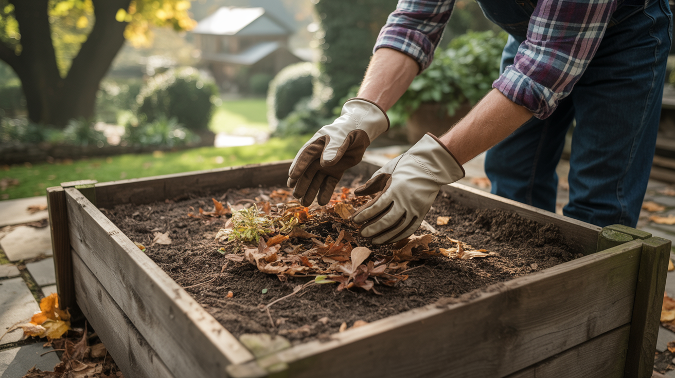 mixing in organic waste - leaves and clippings to soil