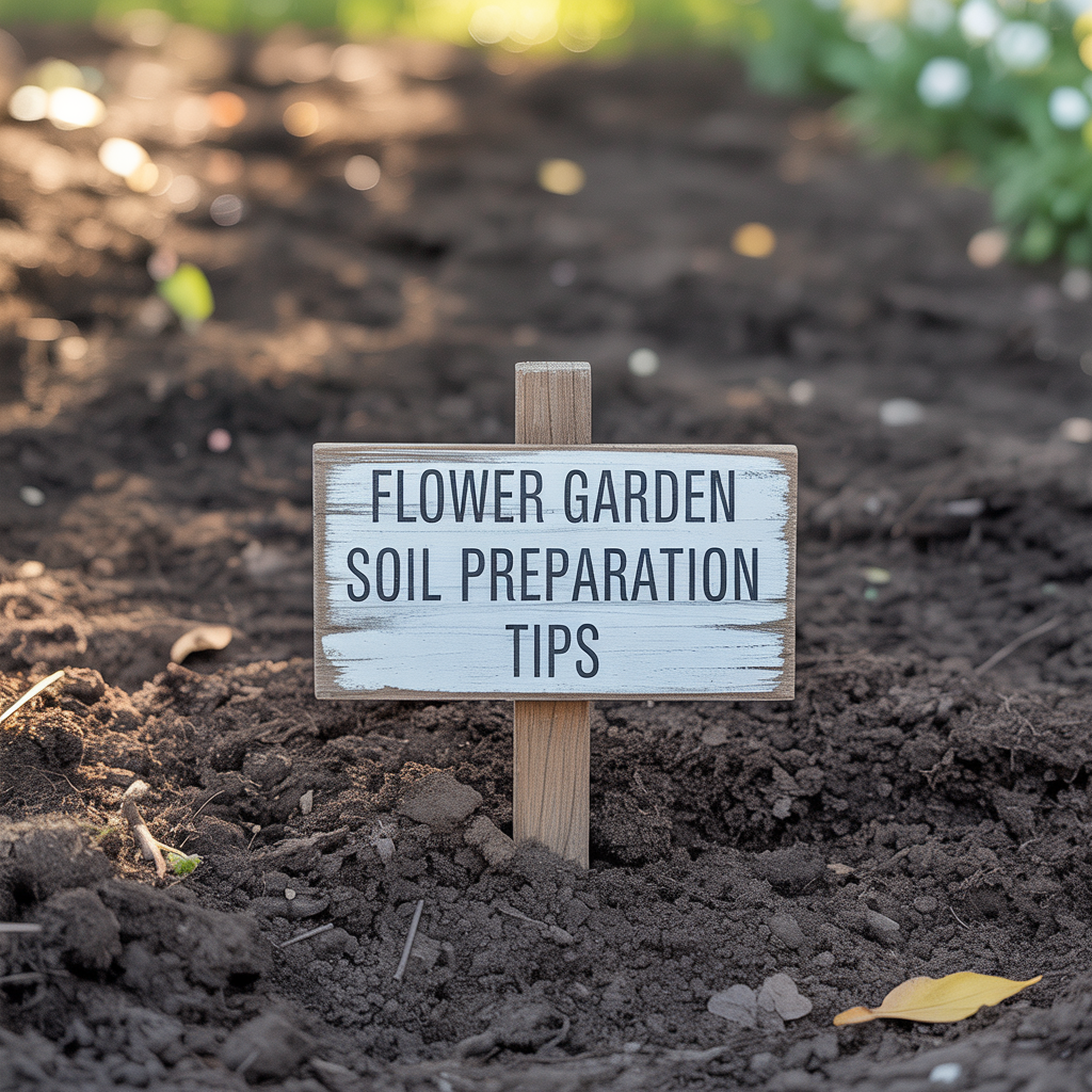A photograph of rich, dark soil meticulously prepared in a flower garden. Sign that reads Flower Garden Soil Preparation Tips