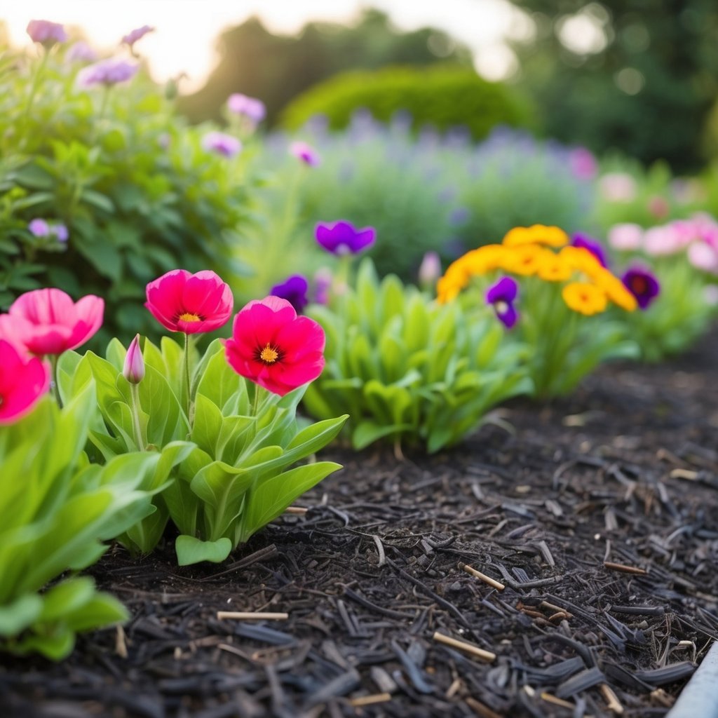 A freshly planted flower bed with rich, dark mulch spread evenly between colorful blooms, showing clear plant spacing with the mulch forming a neat, consistent layer that highlights the vibrant flowers.
